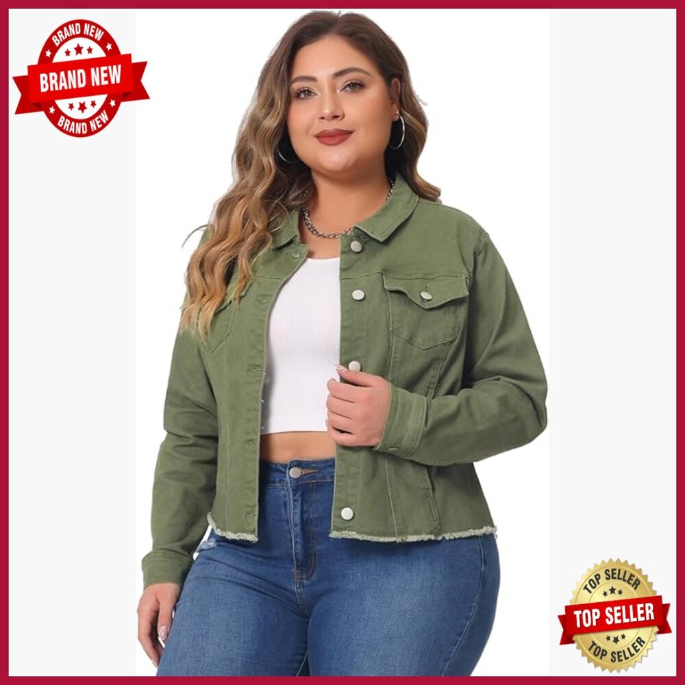 Plus Size Distressed Denim Jacket, Classic Frayed Hem, Casual Outerwear